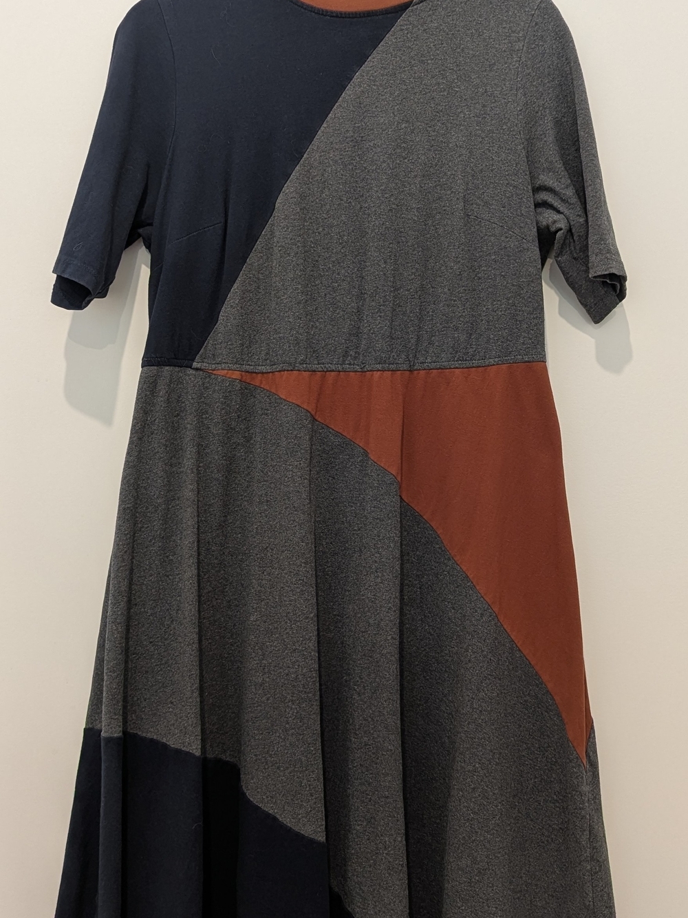 Colorblock A-Line Midi Dress in Charcoal, Navy & Rust